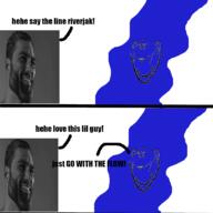 closed_mouth comic ear gigachad river say_the_line smile soyjak stubble variant:impish_soyak_ears // 1080x1080 // 263.6KB