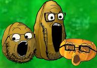 beard glasses grass lawn open_mouth plant plants_vs_zombies pumpkin soyjak_trio tallnut variant:gapejak variant:markiplier_soyjak variant:tony_soprano_soyjak walnut // 828x581 // 599.8KB