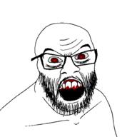 angry beard blood eyebags glasses grey_sclera open_mouth red_eyes soyjak variant:feraljak // 1500x1500 // 36.4KB