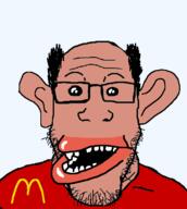 amerimutt balding brown_skin clothes ear glasses hair mcdonalds open_mouth soyjak stubble variant:markiplier_soyjak // 574x640 // 81.7KB