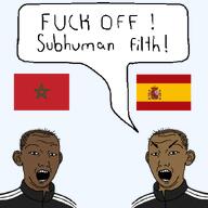 2soyjaks angry brown_skin clothes ear eyebrows flag flag:morocco flag:spain fuck_off_we_dont_want_your_kind_here fucking_subhuman_filth hair looking_at_you morocco no_glasses no_stubble nose open_mouth spain speech_bubble teeth text track_suit transparent_background variant:kuzjak // 850x850 // 132.9KB
