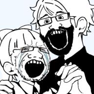 2soyjaks beard bloodshot_eyes bow crying distorted ear glasses hair hand happy holding_hand open_mouth smile soyjak stubble subvariant:science_lover variant:markiplier_soyjak variant:soyak // 600x600 // 132.2KB