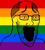 666 brown_hair colorful flag flag:lgbt_pride_flag gay glasses hair lgbt open_mouth red_eyes soyjak stubble variant:faggy // 771x858 // 67.1KB