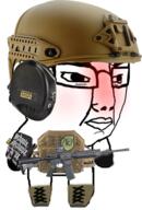 angry arm bulletproof_vest clothes combat_helmet distorted firearm full_body glasses hair helmet k_(4chan) leg military red_face soyjak variant:chudjak weapon // 404x597 // 301.3KB