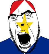 angry flag flag:saba full_head glasses hair looking_to_the_right netherlands open_mouth saba soyjak star_(symbol) stubble teeth variant:cobson // 721x789 // 38.7KB