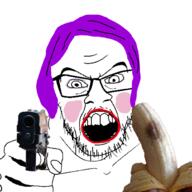 angry banana blush firearm food fruit glasses gun hair hand holding_gun holding_object holding_pistol lipstick makeup mustache open_mouth pistol pointing pointing_at_viewer purple_hair soyjak stubble tranny variant:feraljak // 1000x1000 // 3.8MB