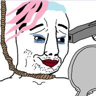 blue_hair closed_mouth gun hair holding_object makeup mirror mustache pink_hair rope smile soyjak stubble suicide tranny variant:chudjak // 1245x1245 // 226.8KB