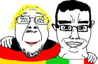 2soyjaks chud_troon_alliance country ear flag flag:germany flag:italy friendship germany glasses hair hand italy mustache smile soyjak stubble subvariant:chudjak_front variant:bernd variant:chudjak yellow_hair // 595x387 // 141.7KB