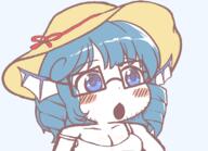 anime blue_eyes blue_hair blush breasts clothes glasses gyate_gyate hair hat open_mouth sleeveless_shirt soyjak stubble touhou variant:unknown video_game wakasagihime wing // 800x580 // 27.4KB