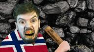 angry beard bloodshot_eyes blue_eyes clothes coal country cracked_teeth flag flag:norway glasses hair hand holding_object irl irl_background jacksepticeye mustache norway open_mouth text variant:feraljak yellow_teeth // 1278x720 // 1.5MB