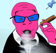 blue_background blue_glasses cigar clothes doll_(user) pink_skin smoke sticky suit // 474x450 // 157.9KB