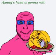 2soyjaks arm blood bloodshot_eyes closed_mouth crying dog doll_(user) glasses gore greentext hand holding_object holding_plate janny missing_eye mustache no_pupils open_mouth pink_skin plate severed_head smile soyjak stubble text tongue variant:bernd variant:platejak yellow_skin yellow_teeth // 1366x1350 // 197.3KB