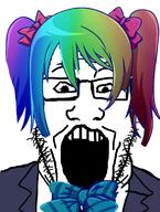 anime bowtie clothes female glasses hair love_live open_mouth soyjak stubble tuxedo variant:markiplier_soyjak yazawa_nico // 577x765 // 365.1KB