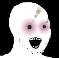 black_background glowing glowing_eyes open_mouth purple_eyes soyjak stubble subvariant:soyak_(crazed) thougher variant:soyak // 740x724 // 103.2KB