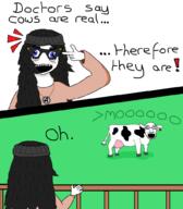 animal arm beanie blue_eyes blush clothes comic cow female glasses greentext hair hand hat marvel necklace open_mouth soyjak stubble text variant:moojak variant:soytan // 886x1014 // 41.2KB