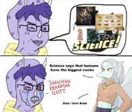 SLLSFHM anime anthro arm big_eyebrows big_lips clothes crying crying_wojak dinosaur female frown furry glasses hair hmofa horn nigger orange_eyes pterosaur purple_hair purple_skin russian_language science smile smirk snoot_game text trad_wife triceratops variant:chudjak wojak // 1125x948 // 667.4KB