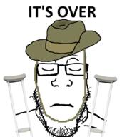 australia closed_eyes closed_mouth clothes cowboy_hat crutch frown glasses hat its_over sad soyjak stubble text variant:markiplier_soyjak // 800x900 // 164.9KB