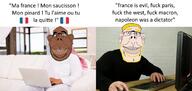 2soyjaks arab arm aryan blond blue_eyes brown_skin closed_mouth clothes ear france glasses hand irl irl_background napoleon smile stubble text variant:obsjak yellow_hair // 1560x737 // 925.3KB