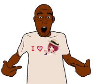 a_(4chan) arm brown_skin clothes ear glasses hand heart i_love kana_arima open_mouth oshi_no_ko png pointing soyjak stubble tranny tshirt variant:shirtjak // 818x740 // 99.6KB