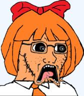 bowtie clothes distorted glasses mymy_(ongezellig) necktie ongezellig open_mouth orange_hair orange_skin scared soyjak stubble subvariant:doctos variant:soyak // 420x482 // 65.9KB