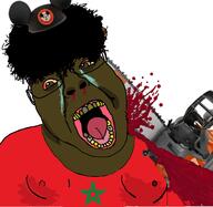 blood bloodshot_eyes brown_eyes brown_skin chainsaw clothes crying disney fat flag glasses hair hat mickey_mouse morocco nipple open_mouth soyjak variant:bernd yellow_teeth // 676x658 // 247.9KB