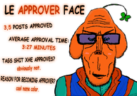 approver blush closed_mouth clothes clover dog dog_ear glowing janny le_approver_face meta:namefags orange_skin shadow subvariant:euromutt text tinted_glasses tqqt_(user) variant:markiplier_soyjak white_background // 2025x1424 // 472.1KB