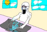 3soyjaks arm bloodshot_eyes cloud crying distorted drawn_background glasses kitchen open_mouth sad sink soyjak spoon stretched_mouth stubble subvariant:wholesome_soyjak sun variant:gapejak variant:soyak water window // 1007x676 // 187.0KB
