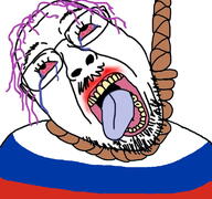 bloodshot_eyes crying flag glasses hanging open_mouth purple_hair rope russia soyjak stubble suicide tongue variant:bernd // 768x719 // 268.7KB
