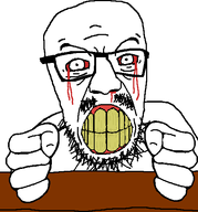 angry blood blood_on_face bloodshot_eyes ext=gif eyebrows fist furious glasses hitting_table moustache nose nosebleed slam slamming slamming_table soyjak stubble table tantrum teeth variant:soydult yellow_teeth // 500x536 // 248.0KB