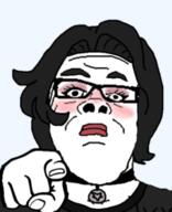 black_shirt blush clothes collar doomer_girl eyelashes female glasses hair lips makeup meta:low_resolution pointing pointing_at_viewer soyjak subvariant:female_a24_slowburn variant:a24_slowburn_soyjak // 200x246 // 42.2KB