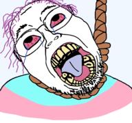 bloodshot_eyes crying dead distorted flag glasses hair hanging open_mouth purple_hair rope soyjak stubble subvariant:boat_rammer suicide template tongue tranny variant:bernd yellow_teeth // 1170x1097 // 613.6KB
