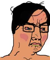 biting_lip bloodshot_eyes blush brown_skin crying glasses hair soyjak variant:chudjak vein yellow_teeth // 645x770 // 148.5KB