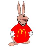 amerimutt big_chungus black_sclera brown_skin bugs_bunny clothes full_body glove lips mcdonalds mutt open_mouth rabbit rabbit_ears red_shirt reddit_moment soyjak stubble subvariant:impish_amerimutt variant:impish_soyak_ears // 500x525 // 65.5KB
