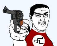 angry big_lips clothes glasses hair holding_gun holding_object looking_at_you merge red_shirt subvariant:kuzjak_gun swastika thick_eyebrows transparent_background variant:chudjak variant:kuzjak // 362x288 // 16.0KB