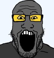 artist:gapenewell bald glasses grey_skin looking_at_you open_mouth soot soyjak soyjak_party stubble transparent_background variant:markiplier_soyjak yellow_glasses // 600x645 // 7.2KB