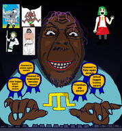 Astrofene_(namefag) Fantalover2134_(user) Warrior-Z(user) anime anime_female arm award awards bell black_background brown_skin buff crimean_tatar crimeanigger flag:crimean_tatar futa futanari glasses gooner hand kazami_yuuka keyboard mustache nail_polish namefag_drama ominous poly_(namefag) purple_hair scary shadow shitskin smile stubble subvariant:gapejak_female text touhou tranny typing variant:bernd variant:gapejak variant:soytan video_game // 1906x2048 // 2.0MB