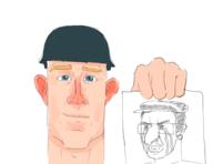 aryan big_nose blue_eyes clothes crying drawing hamd hat helmet holding_object nazism paper seething smile smug stahlhelm star_of_david striped_clothing variant:chudjak white_skin yellow_eyebrows yellow_hair // 2600x2000 // 1.1MB