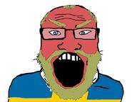 angry beard clothes country flag glasses hair open_mouth red soyjak subvariant:science_lover sweden variant:markiplier_soyjak yellow_hair // 798x597 // 62.8KB