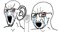 arm big_ear bloodshot_eyes crying ear glasses hand listening looking_to_the_left no_background seething soyjak stretched_mouth stubble tear transparent_background variant:soyak white_skin // 1858x1000 // 95.9KB