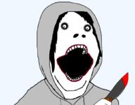 clothes hair hand hat holding_knife holding_object hoodie jeff_the_killer knife open_mouth soyjak variant:gapejak weapon // 1023x798 // 112.7KB