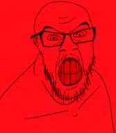 angry animated bouncing clenched_teeth ear glasses glitch green mustache red soyjak stretching stubble variant:feraljak yellow_teeth // 600x816 // 1.5MB