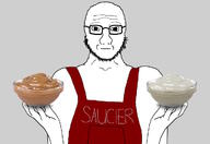 apron chef cum glasses hand holding_plate poop sauce saucier soyjak subvariant:soyak_front variant:soyak // 1024x703 // 109.0KB