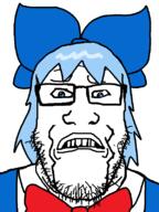 anime blue_eyes blue_hair bowtie cirno clothes glasses hair hair_ribbon scared soyjak stubble touhou variant:markiplier_soyjak video_game // 600x800 // 26.7KB