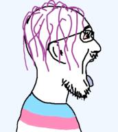 bloodshot_eyes clothes ear flag glasses hair open_mouth purple_hair soyjak stubble tongue tranny variant:unknown // 448x500 // 51.4KB