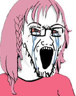 bloodshot_eyes crying daddy's_girl female glasses hair open_mouth pink_hair soyjak stretched_mouth stubble variant:soyak // 785x1000 // 159.8KB
