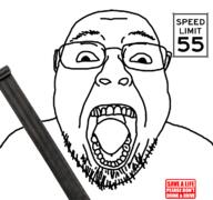 driving glasses looking_at_you open_mouth seatbelt soyjak speed speed_limit stubble text variant:bernd // 1200x1125 // 511.3KB
