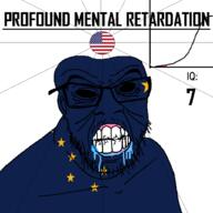 alaska angry bald black_eyes black_hole black_sclera clenched_teeth closed_mouth cracked_teeth drool ear flag flag:alaska flag:united_states glasses hair iq iq_bell_curve mustache nightmare_fuel no_pupils profound_mental_retardation retard soyjak star_(symbol) state stubble text united_states variant:feraljak wrinkles // 1024x1024 // 60.1KB