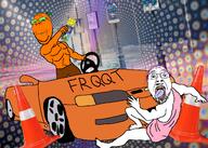 2soyjaks arm car chariot closed_mouth clothes drug_addicted drugs froot froot_(user) full_body glasses lsd open_mouth purple_hair smile soyjak stubble subvariant:wholesome_soyjak text traffic_cone tranny troon variant:bernd variant:gapejak // 1280x913 // 1.2MB