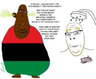2soyjaks biting_lip black_skin blood blue_eyes closed_mouth fat frown full_body glasses pan_african shower smile soap soyjak stinky stubble subvariant:blobson subvariant:hornyson subvariant:nucob text variant:cobson yellow_sclera // 1536x1258 // 153.3KB