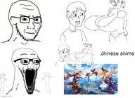 anime arm breasts china closed_mouth frown genshin_impact glasses hand hands_up imgflip.com open_mouth place_japan soyjak stubble subvariant:soyak_(irritated) subvariant:wewjak summertime_saga text v_(4chan) variant:soyak vg_(4chan) video_game watermark // 680x491 // 84.1KB